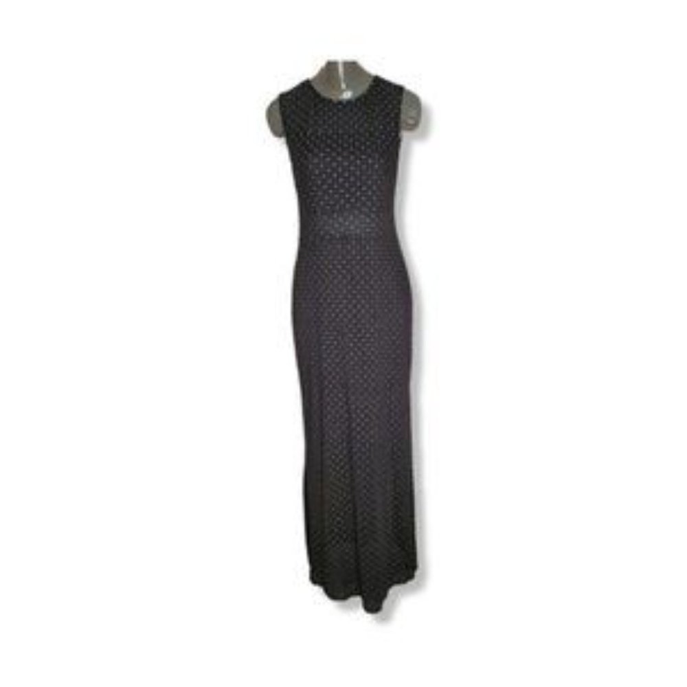 AUW Women's Black Sleeveless Crew Neck Sheer Back Polka Dot Maxi Dress Size L